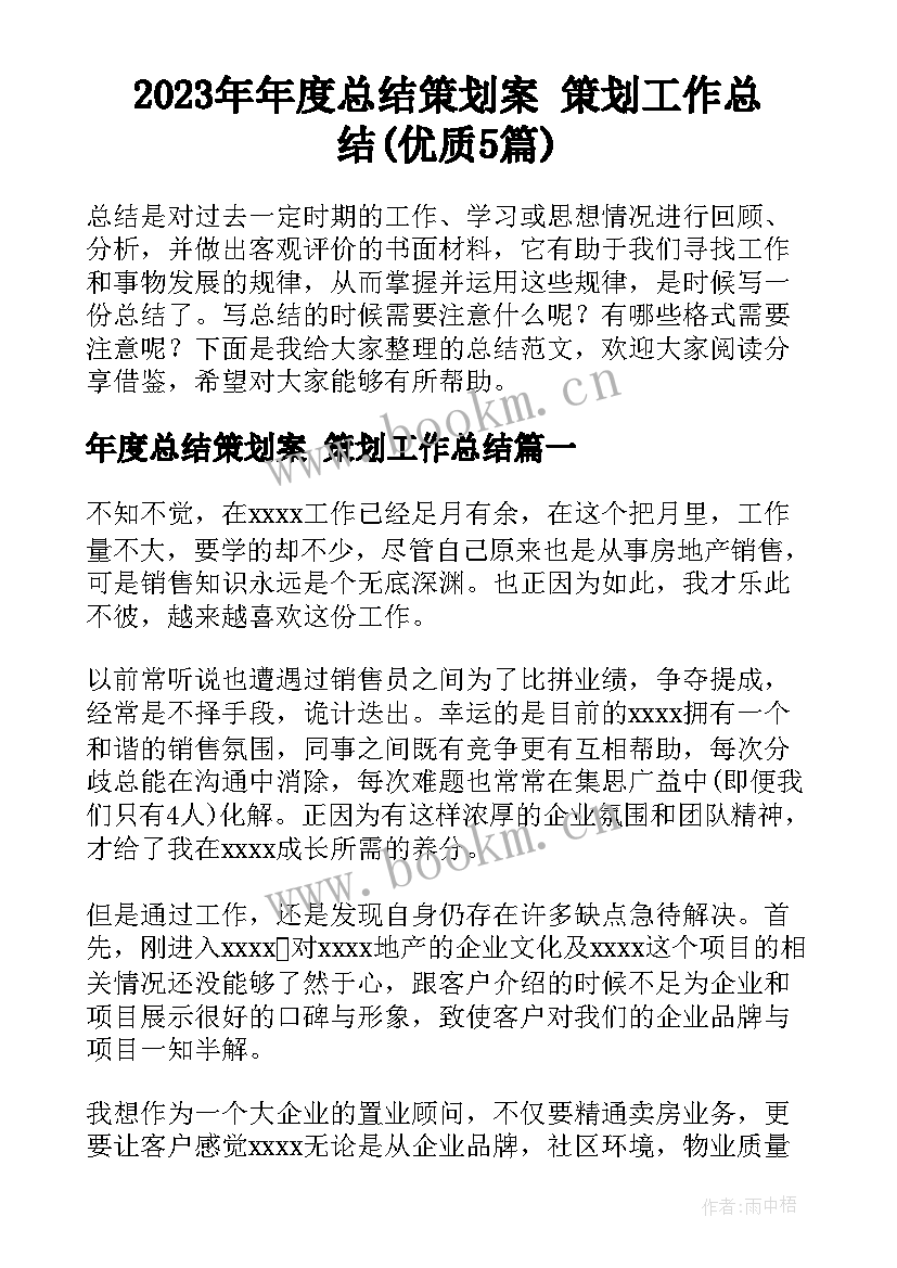 2023年年度总结策划案 策划工作总结(优质5篇)