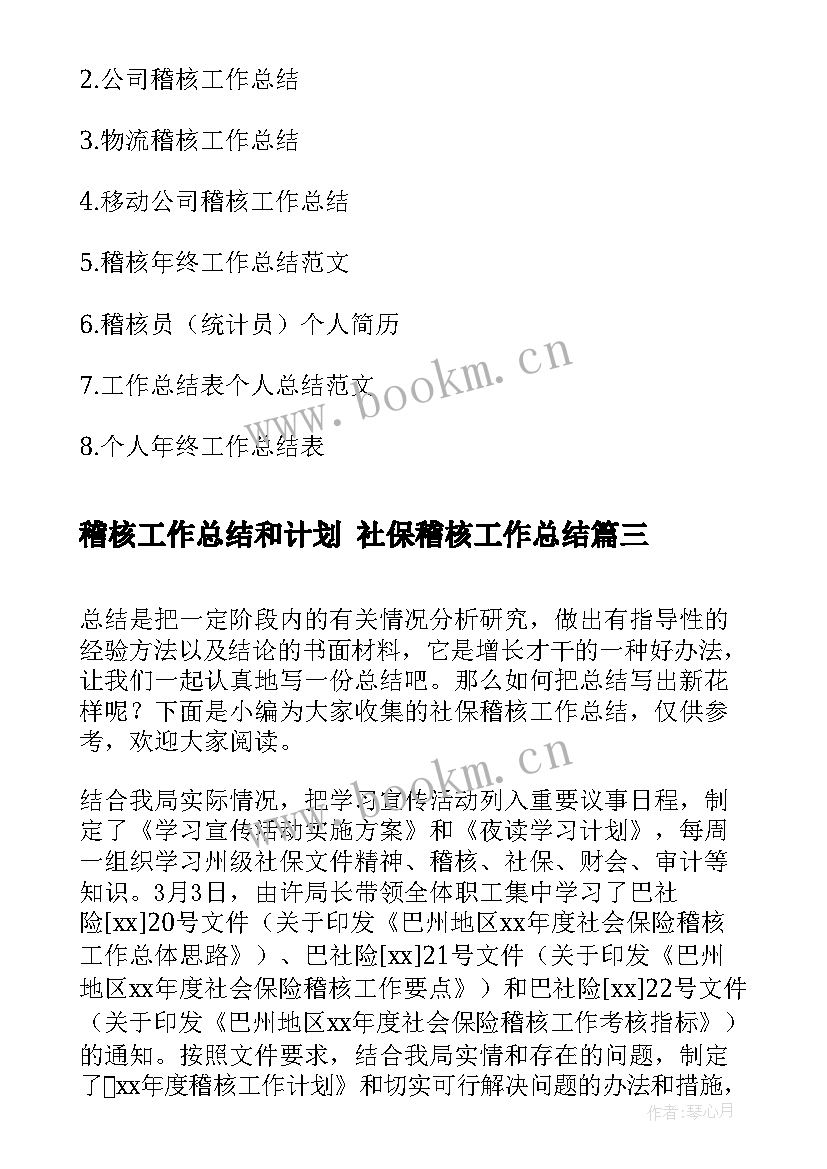 稽核工作总结和计划 社保稽核工作总结(大全9篇)