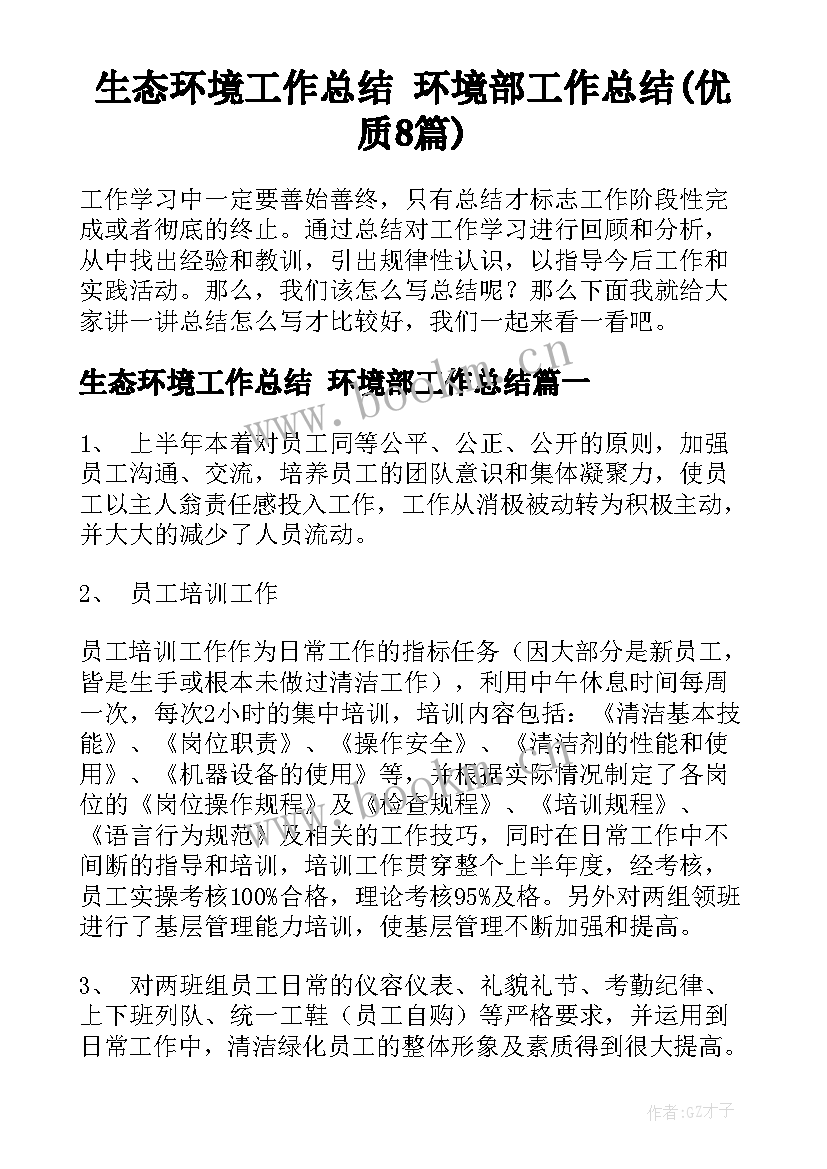 生态环境工作总结 环境部工作总结(优质8篇)