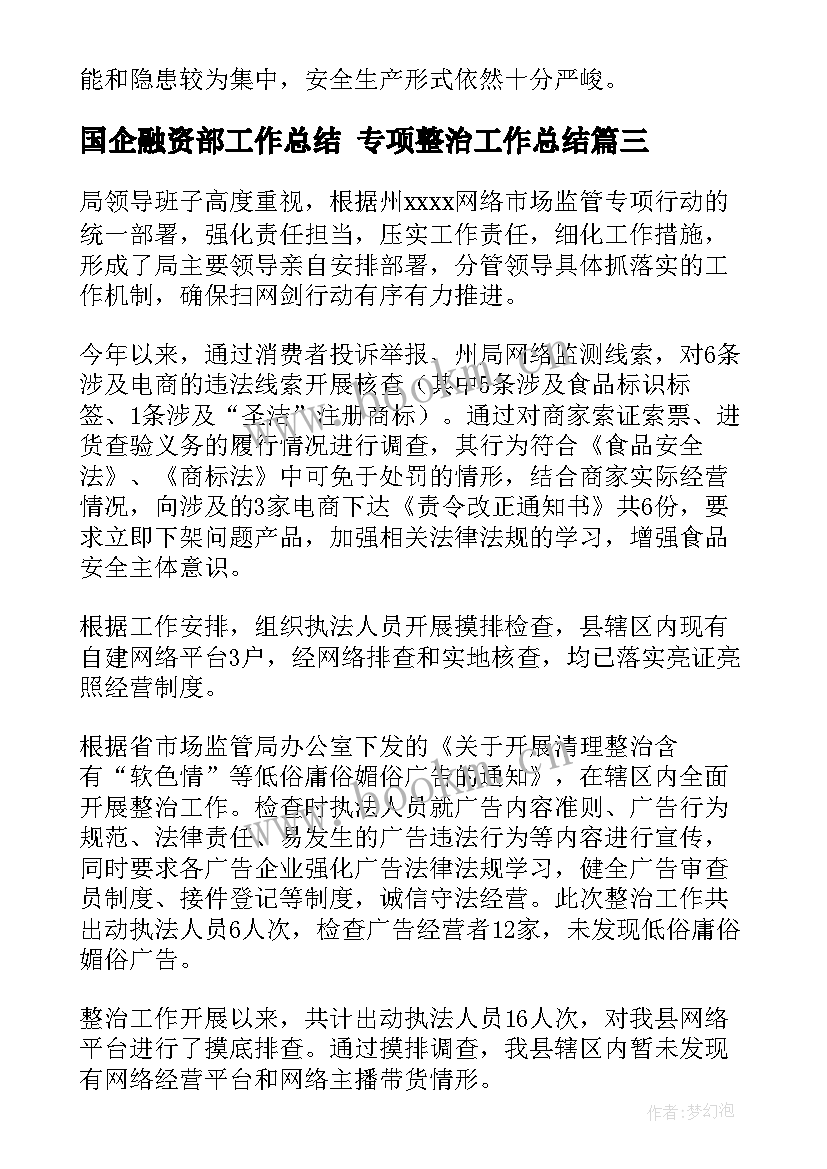 2023年国企融资部工作总结 专项整治工作总结(大全7篇)