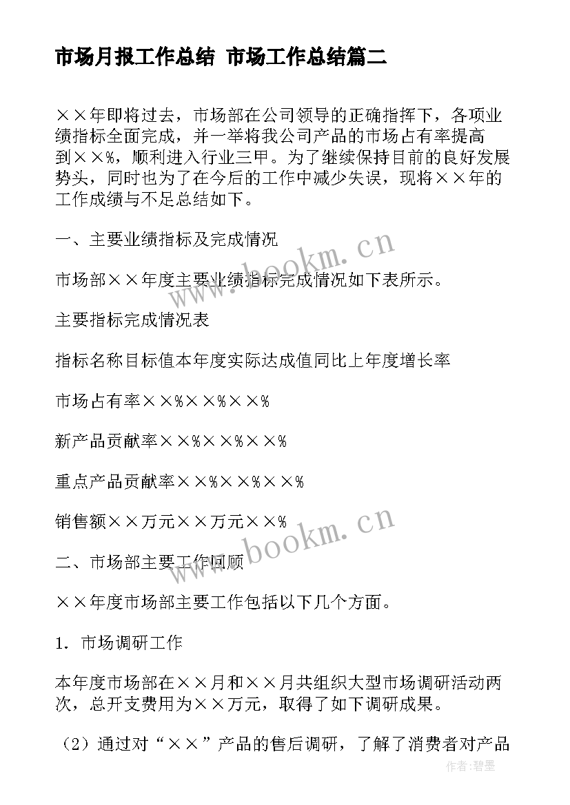 最新市场月报工作总结 市场工作总结(优秀7篇)