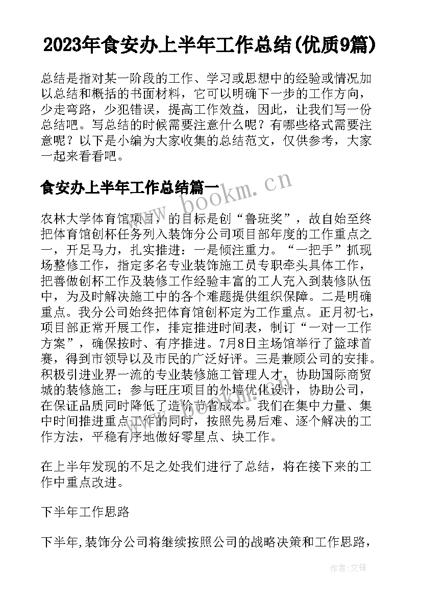 2023年食安办上半年工作总结(优质9篇)