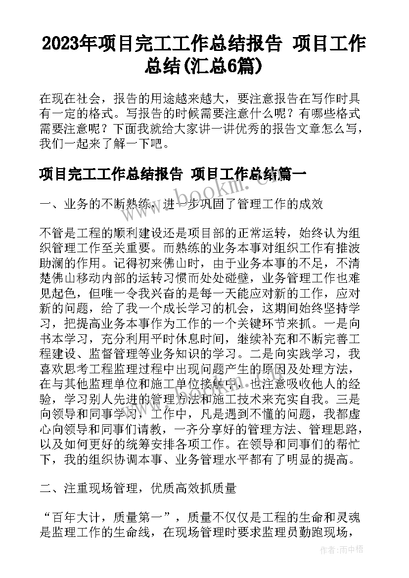 2023年项目完工工作总结报告 项目工作总结(汇总6篇)