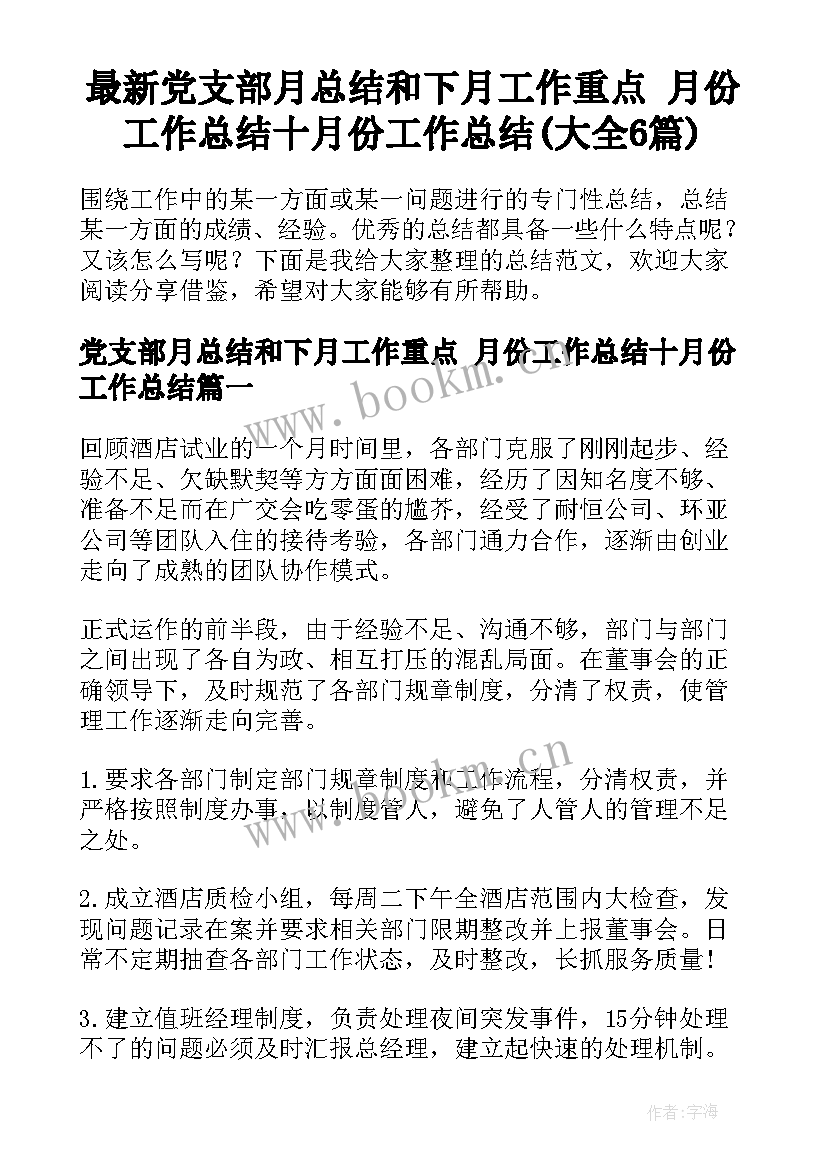 最新党支部月总结和下月工作重点 月份工作总结十月份工作总结(大全6篇)