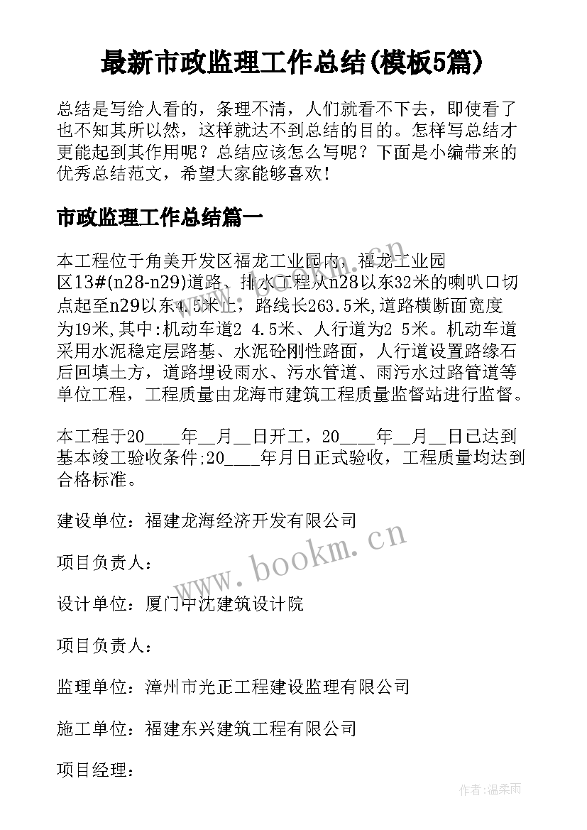 最新市政监理工作总结(模板5篇)