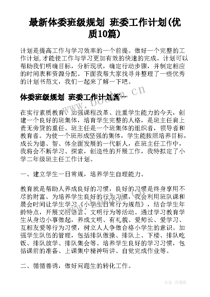 最新体委班级规划 班委工作计划(优质10篇)