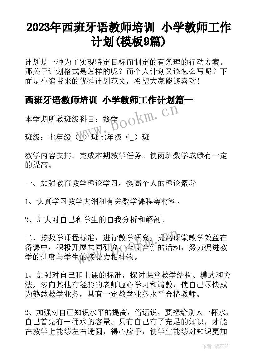 2023年西班牙语教师培训 小学教师工作计划(模板9篇)