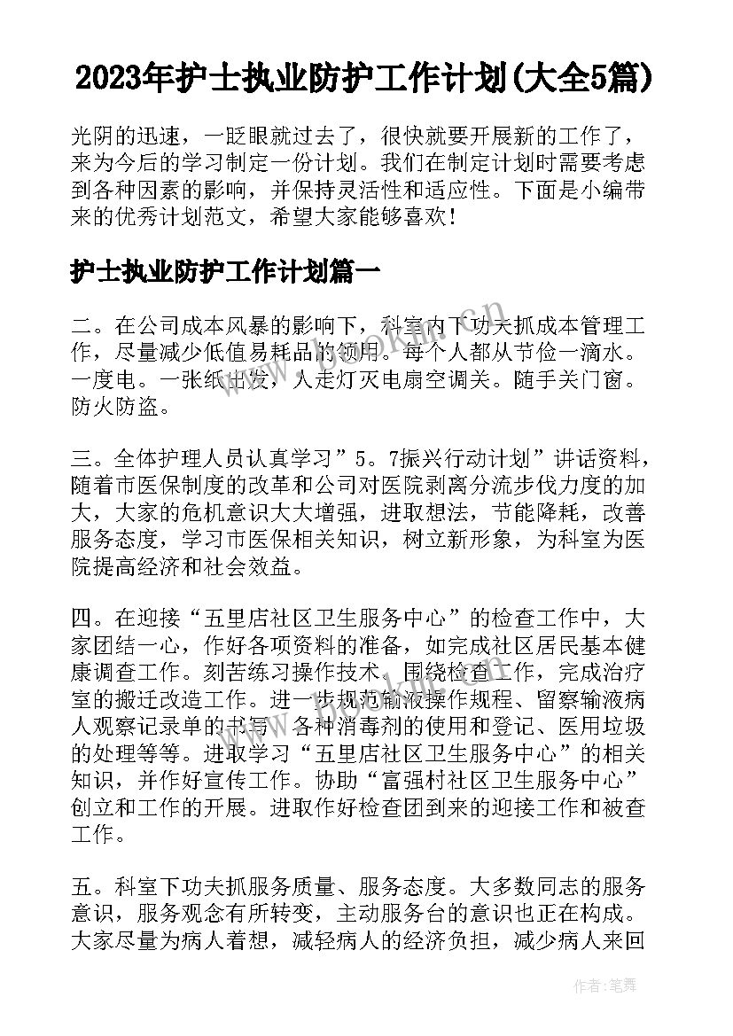 2023年护士执业防护工作计划(大全5篇)