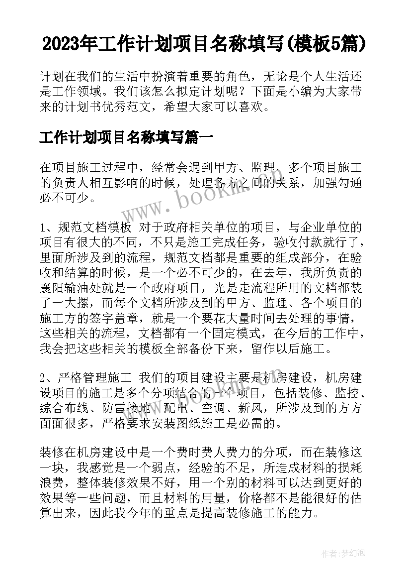 2023年工作计划项目名称填写(模板5篇)