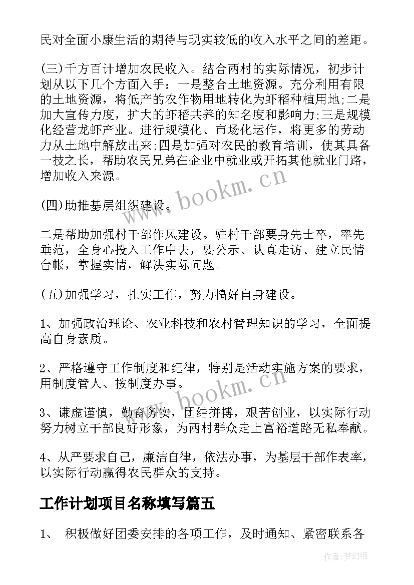 2023年工作计划项目名称填写(模板5篇)