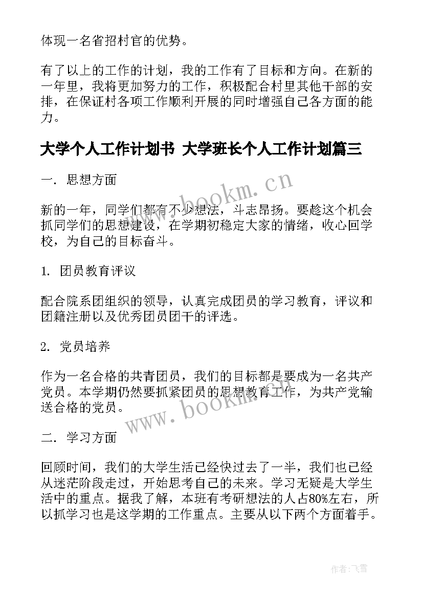 最新大学个人工作计划书 大学班长个人工作计划(通用8篇)