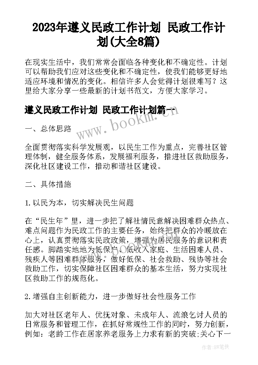 2023年遵义民政工作计划 民政工作计划(大全8篇)