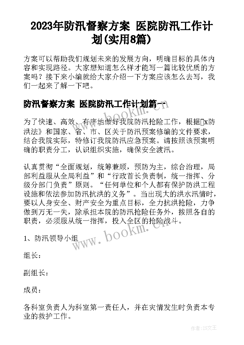 2023年防汛督察方案 医院防汛工作计划(实用8篇)