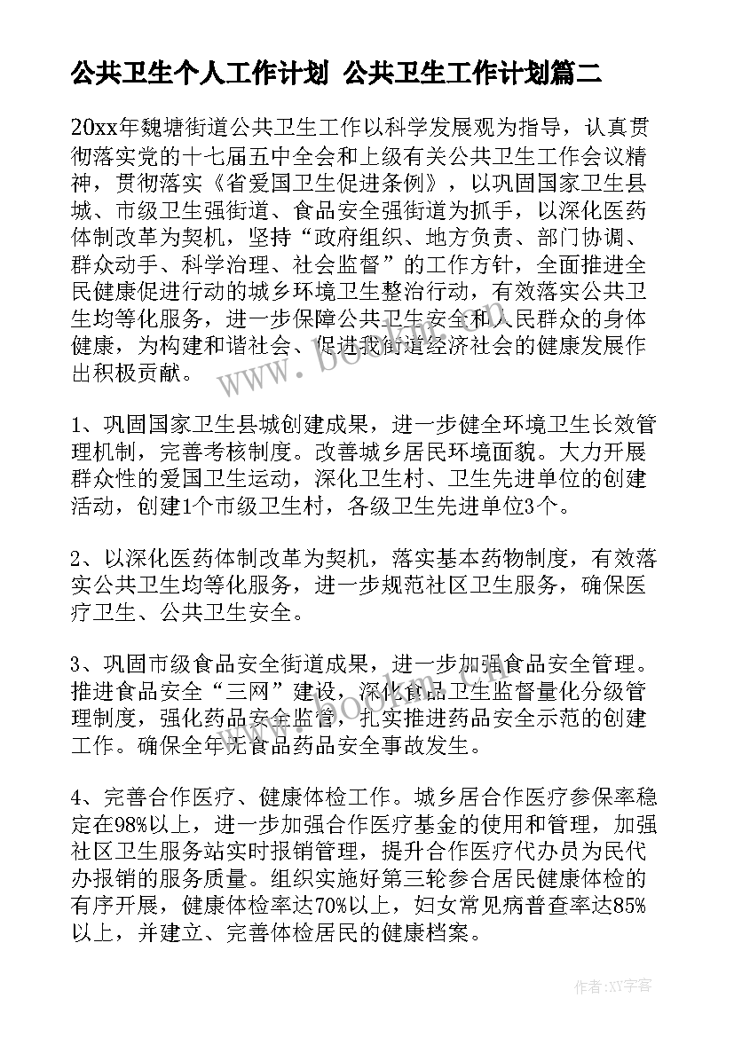 公共卫生个人工作计划 公共卫生工作计划(优秀7篇)