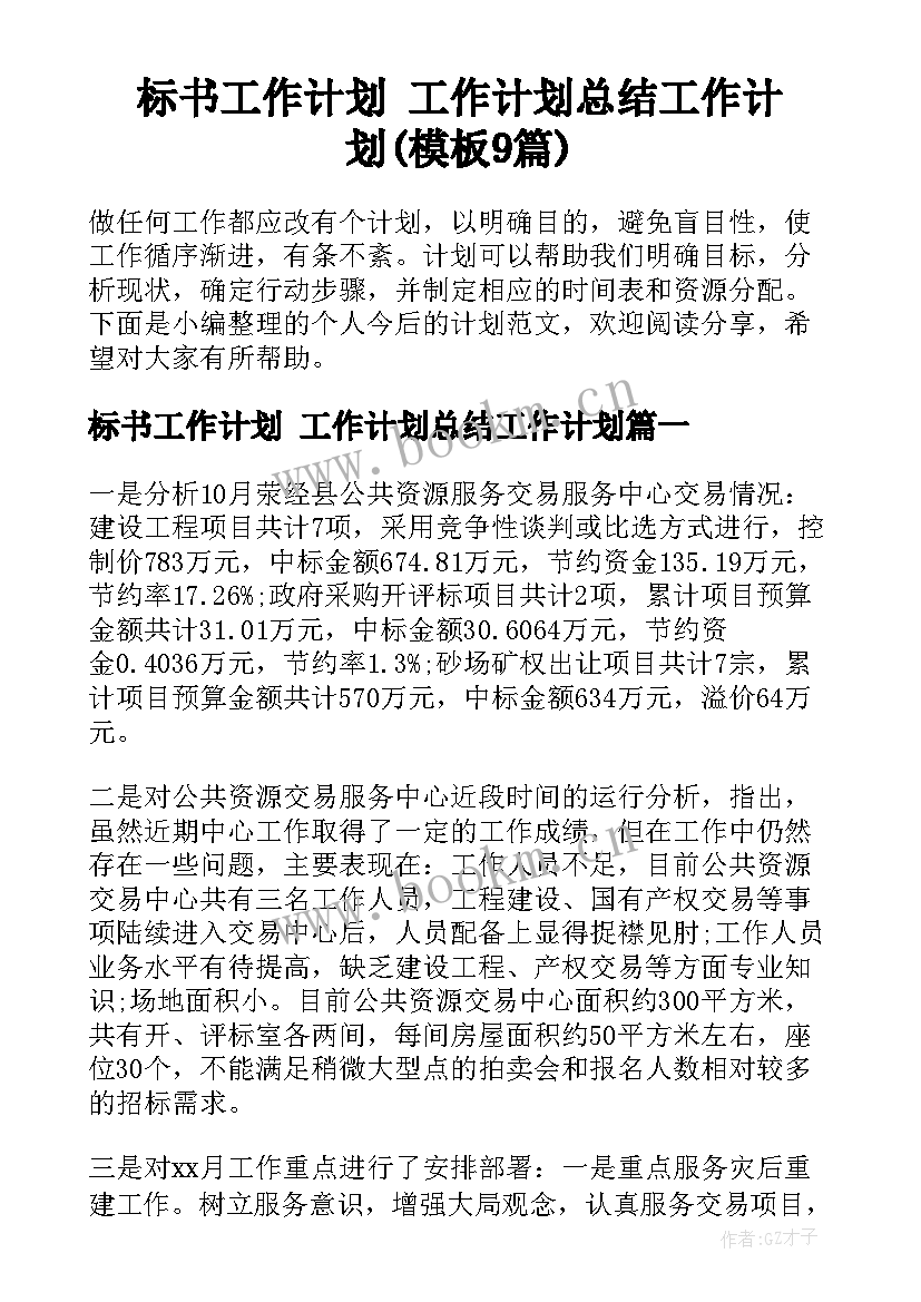 标书工作计划 工作计划总结工作计划(模板9篇)