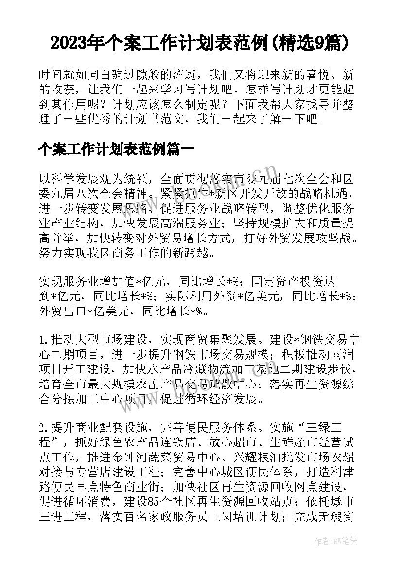 2023年个案工作计划表范例(精选9篇)