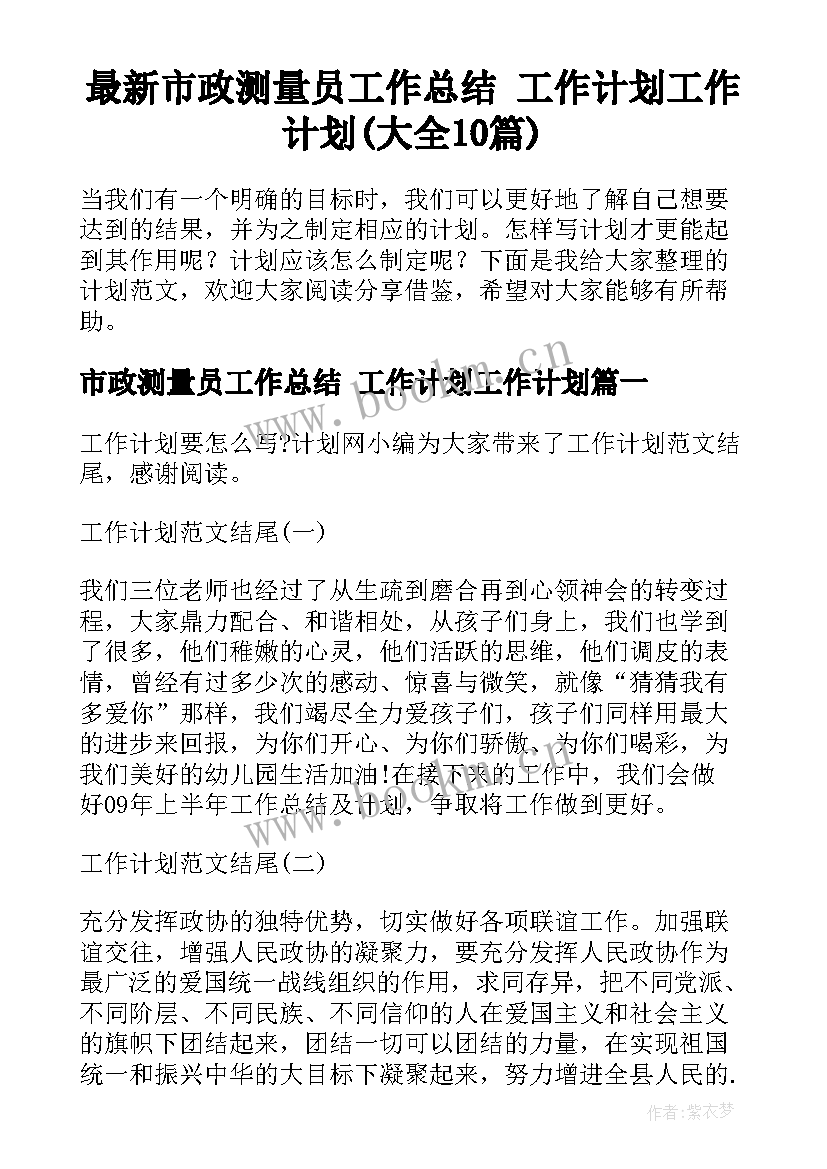 最新市政测量员工作总结 工作计划工作计划(大全10篇)