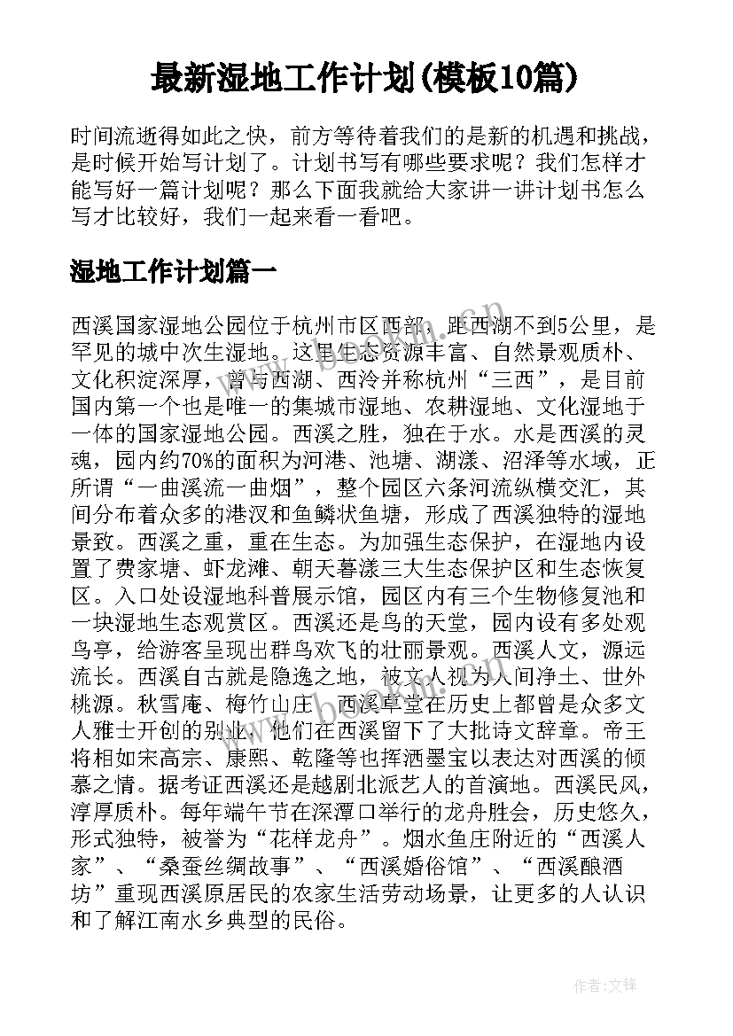 最新湿地工作计划(模板10篇)