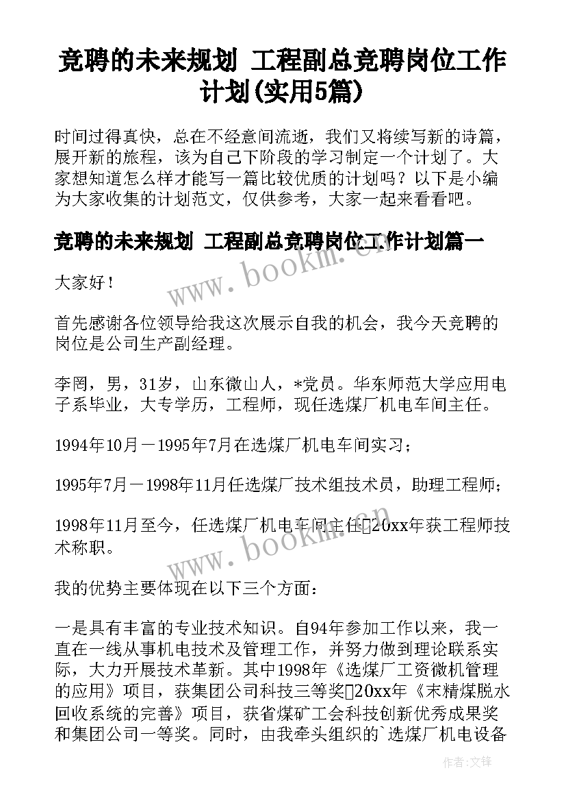 竞聘的未来规划 工程副总竞聘岗位工作计划(实用5篇)