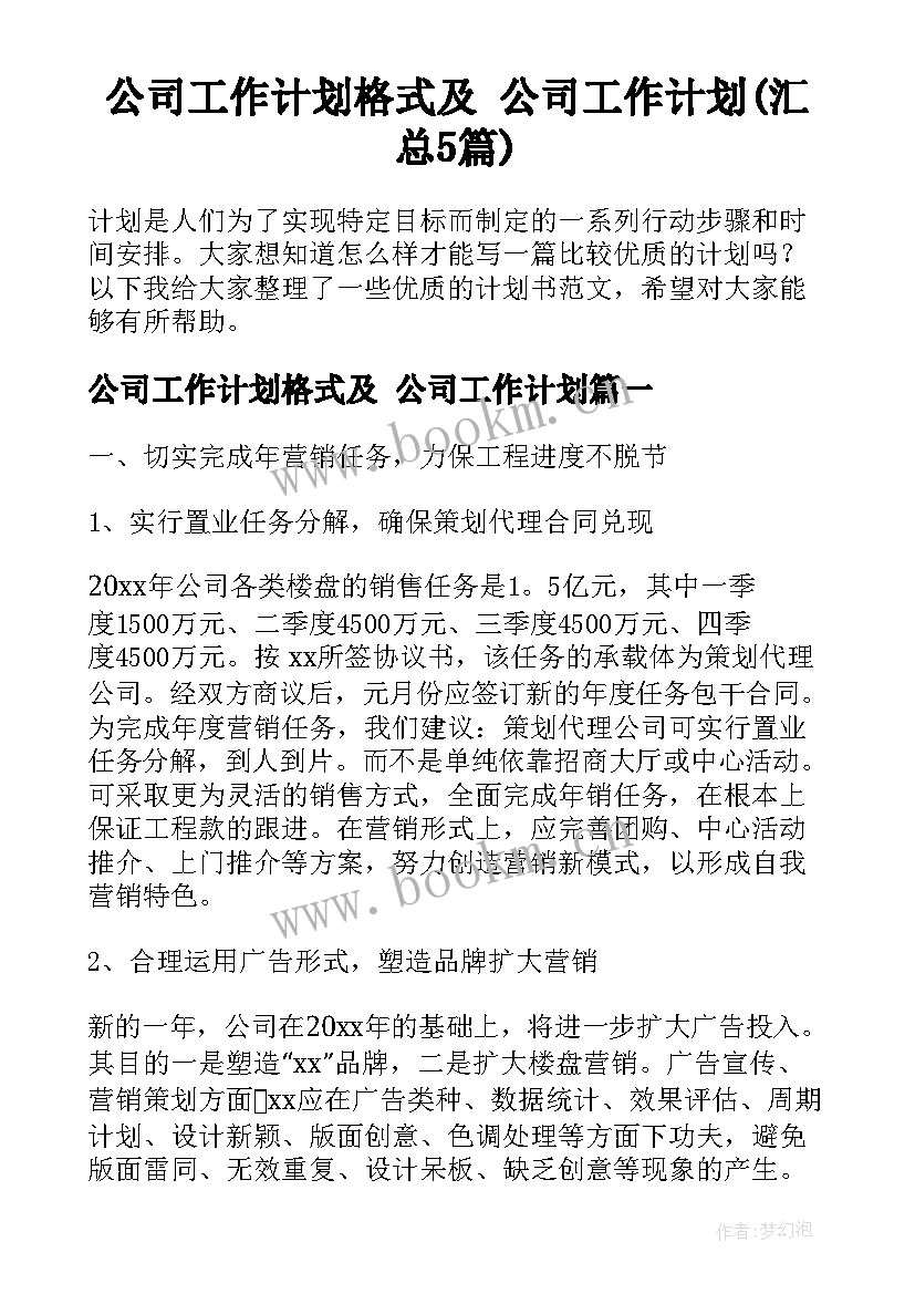 公司工作计划格式及 公司工作计划(汇总5篇)