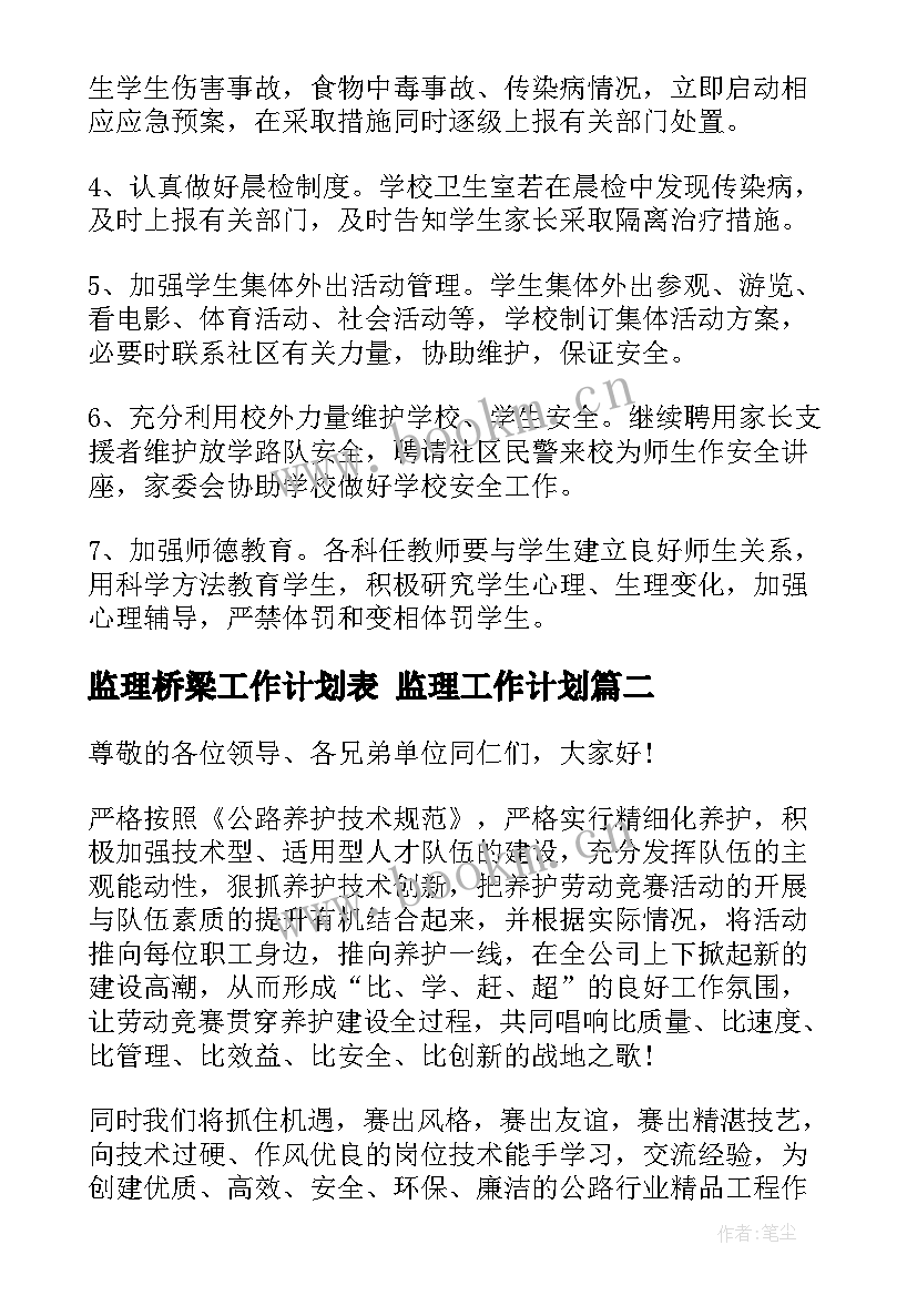 监理桥梁工作计划表 监理工作计划(实用10篇)