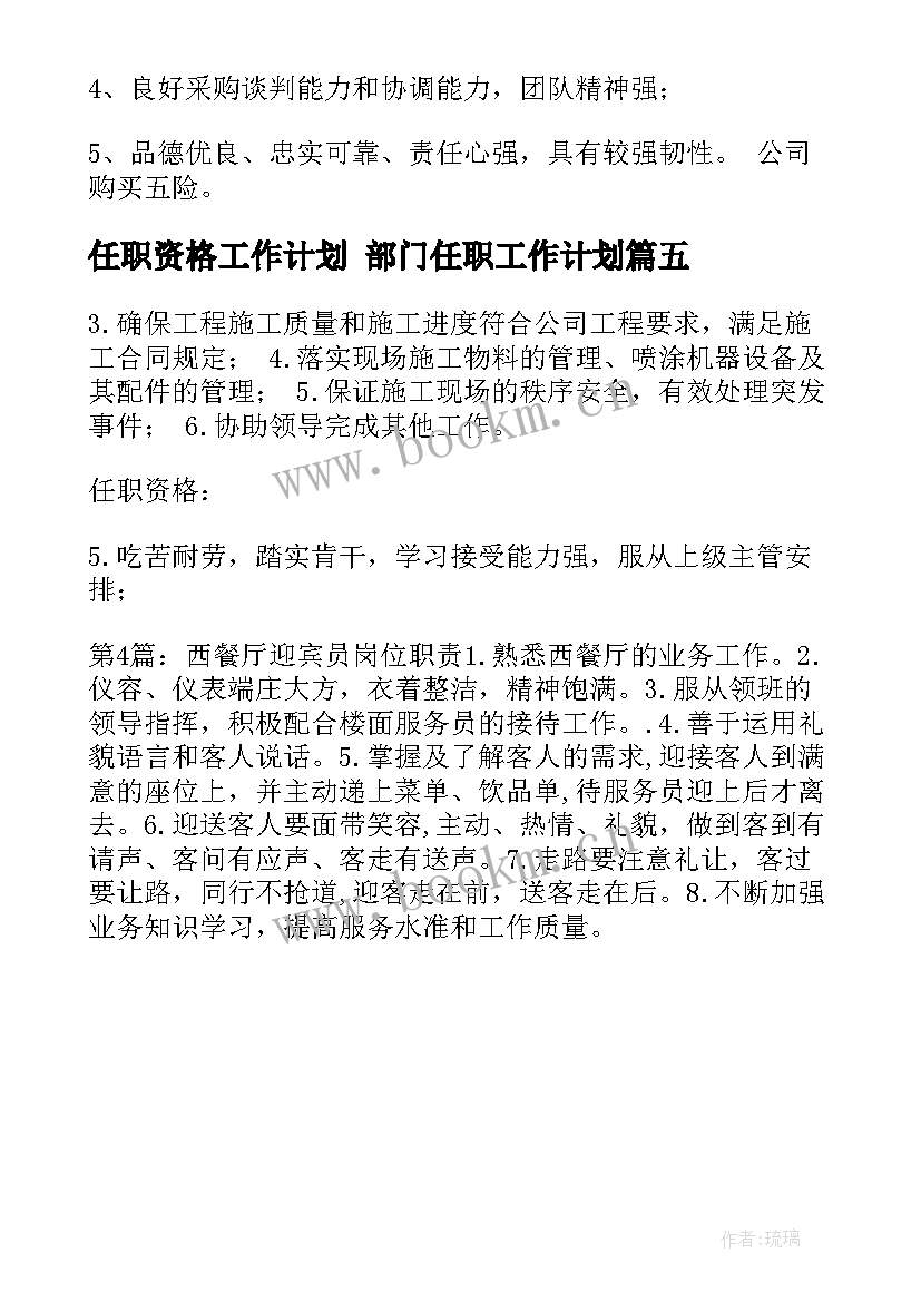 2023年任职资格工作计划 部门任职工作计划(优质5篇)