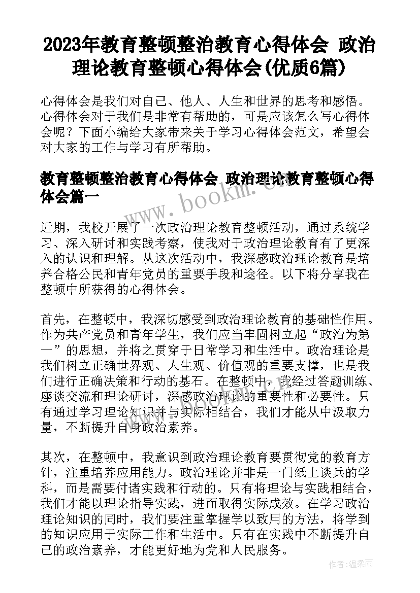 2023年教育整顿整治教育心得体会 政治理论教育整顿心得体会(优质6篇)