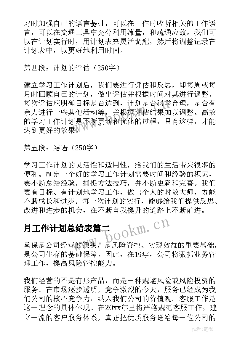 最新月工作计划总结表(优质5篇)