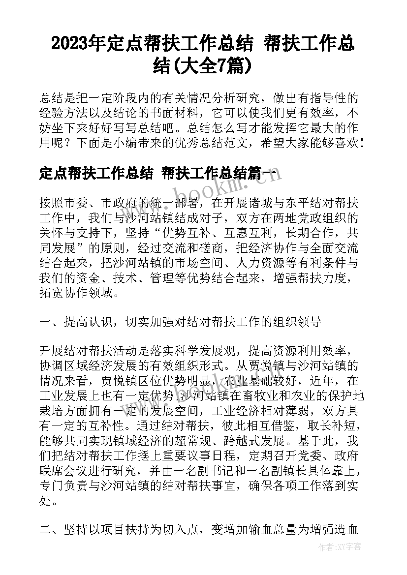 2023年定点帮扶工作总结 帮扶工作总结(大全7篇)