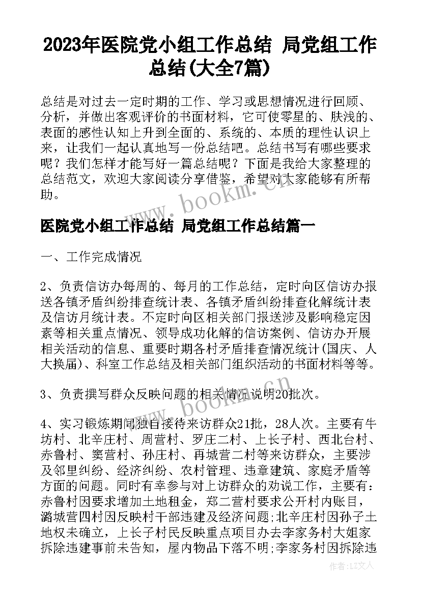 2023年医院党小组工作总结 局党组工作总结(大全7篇)