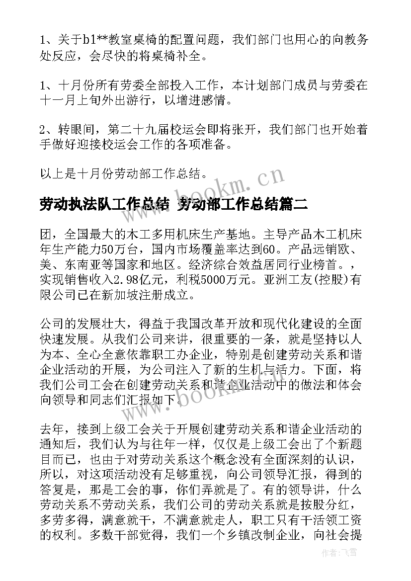 2023年劳动执法队工作总结 劳动部工作总结(优质6篇)