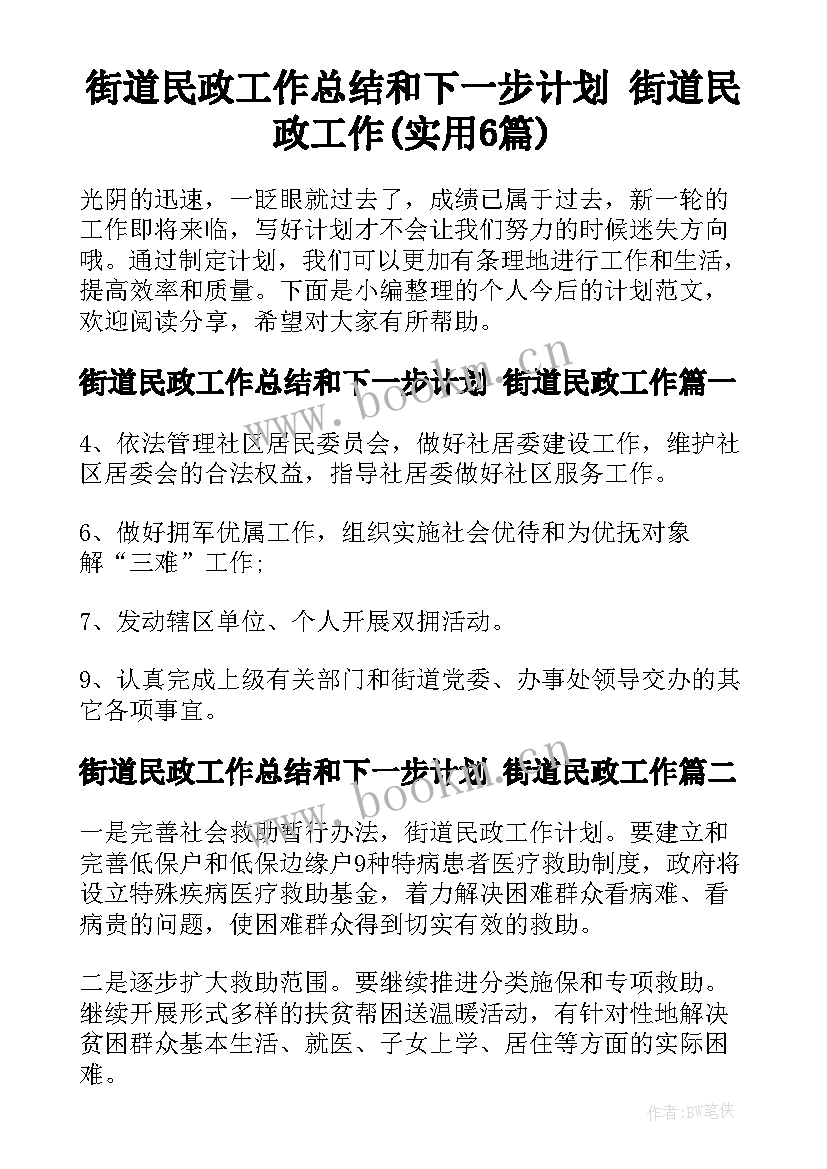 街道民政工作总结和下一步计划 街道民政工作(实用6篇)