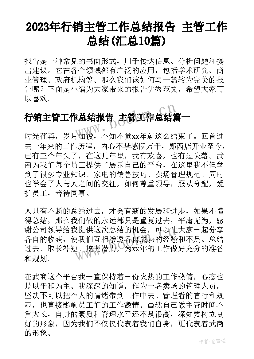 2023年行销主管工作总结报告 主管工作总结(汇总10篇)