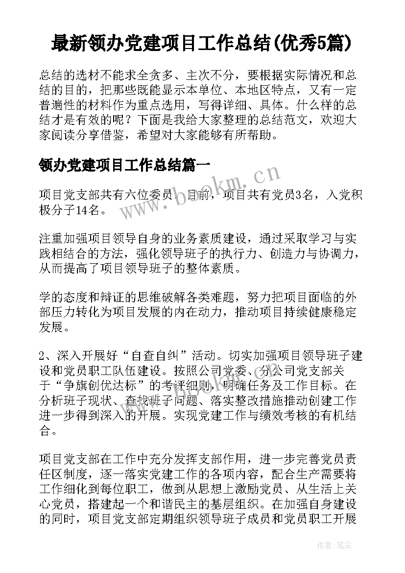 最新领办党建项目工作总结(优秀5篇)