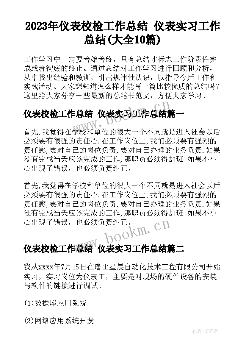 2023年仪表校检工作总结 仪表实习工作总结(大全10篇)