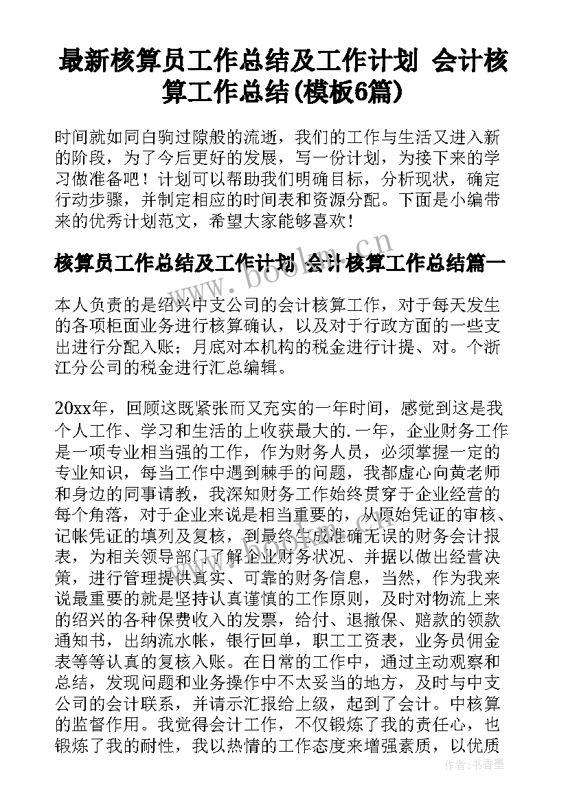 最新核算员工作总结及工作计划 会计核算工作总结(模板6篇)