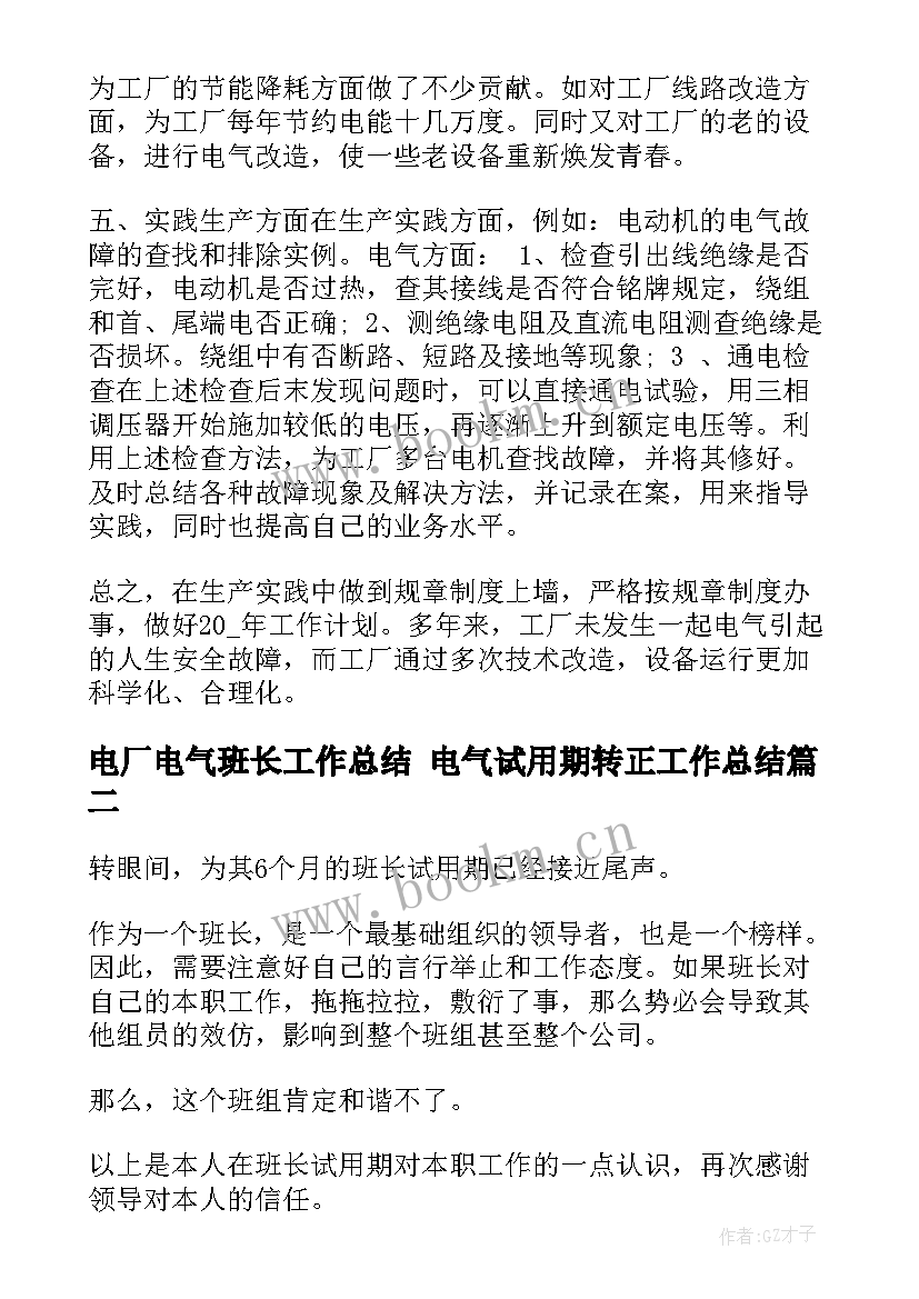 2023年电厂电气班长工作总结 电气试用期转正工作总结(模板5篇)