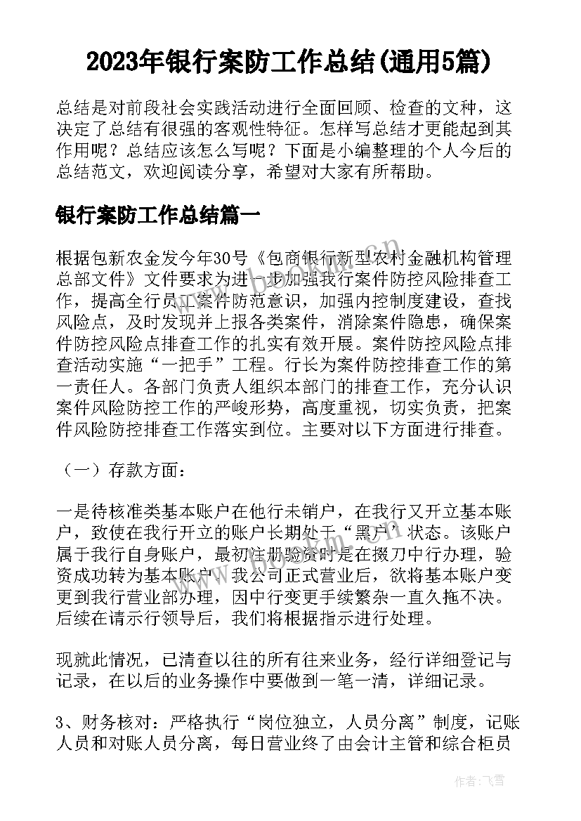 2023年银行案防工作总结(通用5篇)