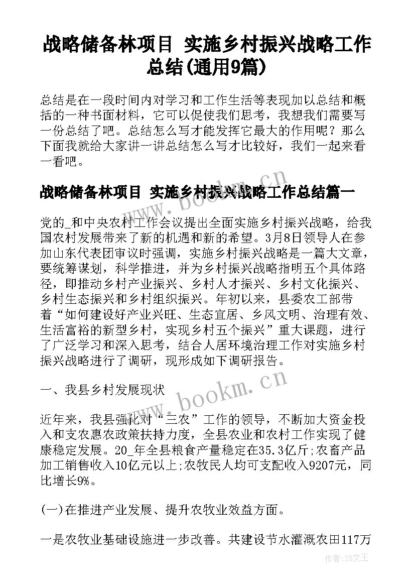 战略储备林项目 实施乡村振兴战略工作总结(通用9篇)