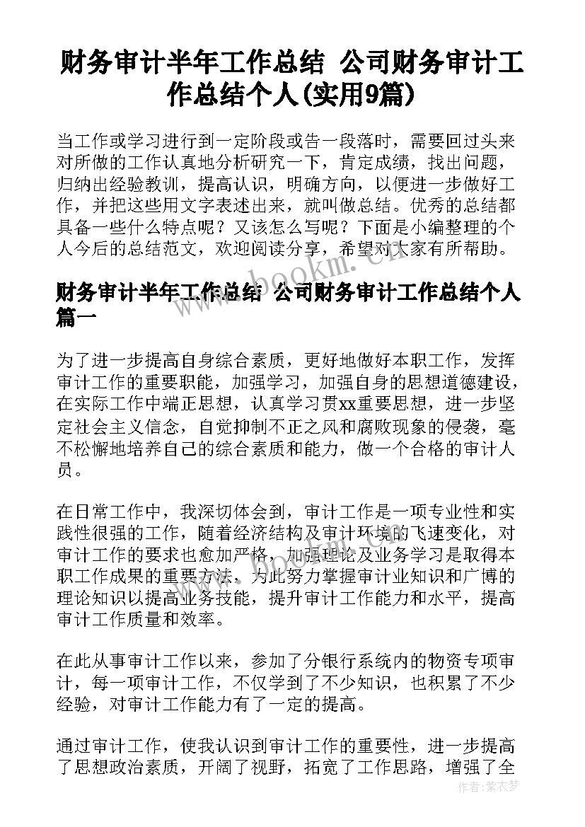 财务审计半年工作总结 公司财务审计工作总结个人(实用9篇)