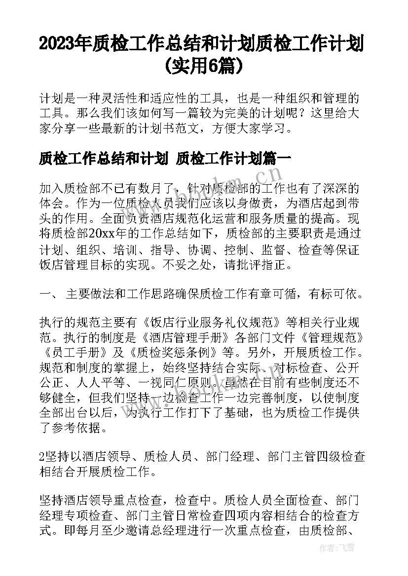 2023年质检工作总结和计划 质检工作计划(实用6篇)