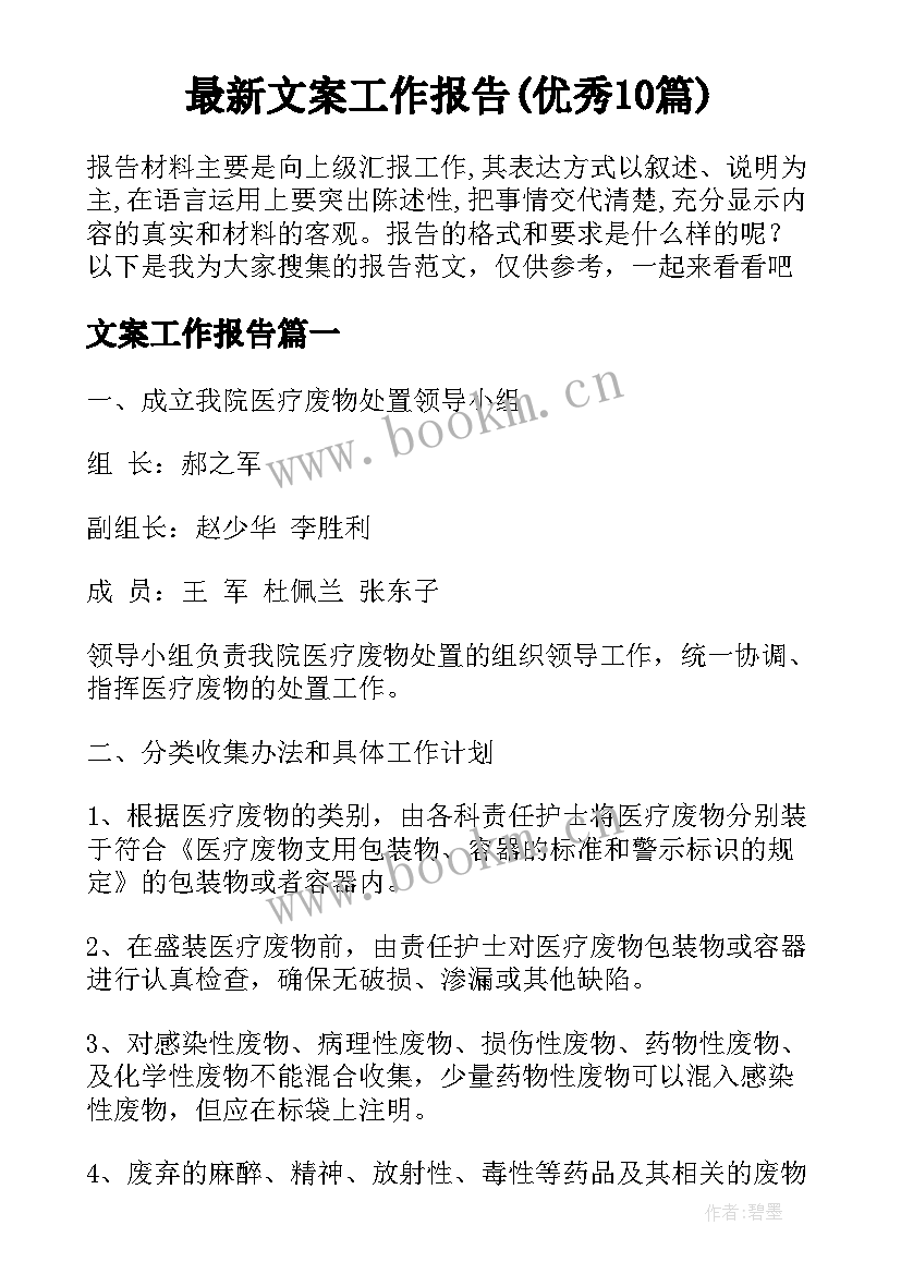 最新文案工作报告(优秀10篇)