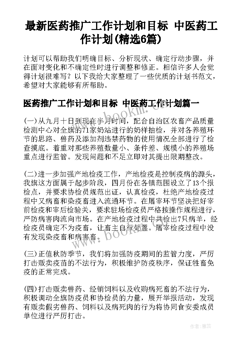 最新医药推广工作计划和目标 中医药工作计划(精选6篇)