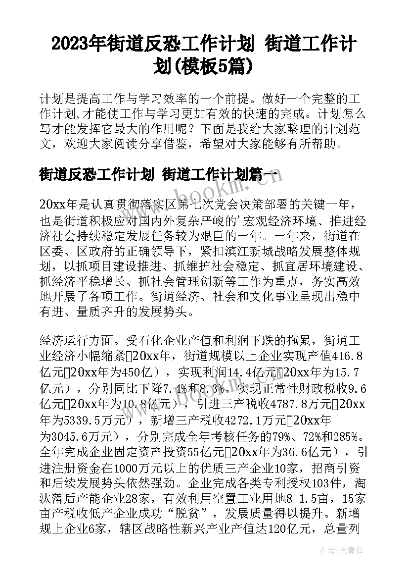 2023年街道反恐工作计划 街道工作计划(模板5篇)