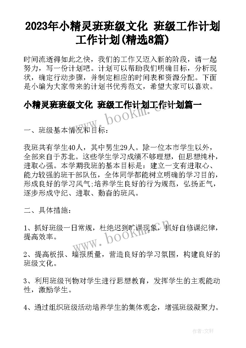 2023年小精灵班班级文化 班级工作计划工作计划(精选8篇)