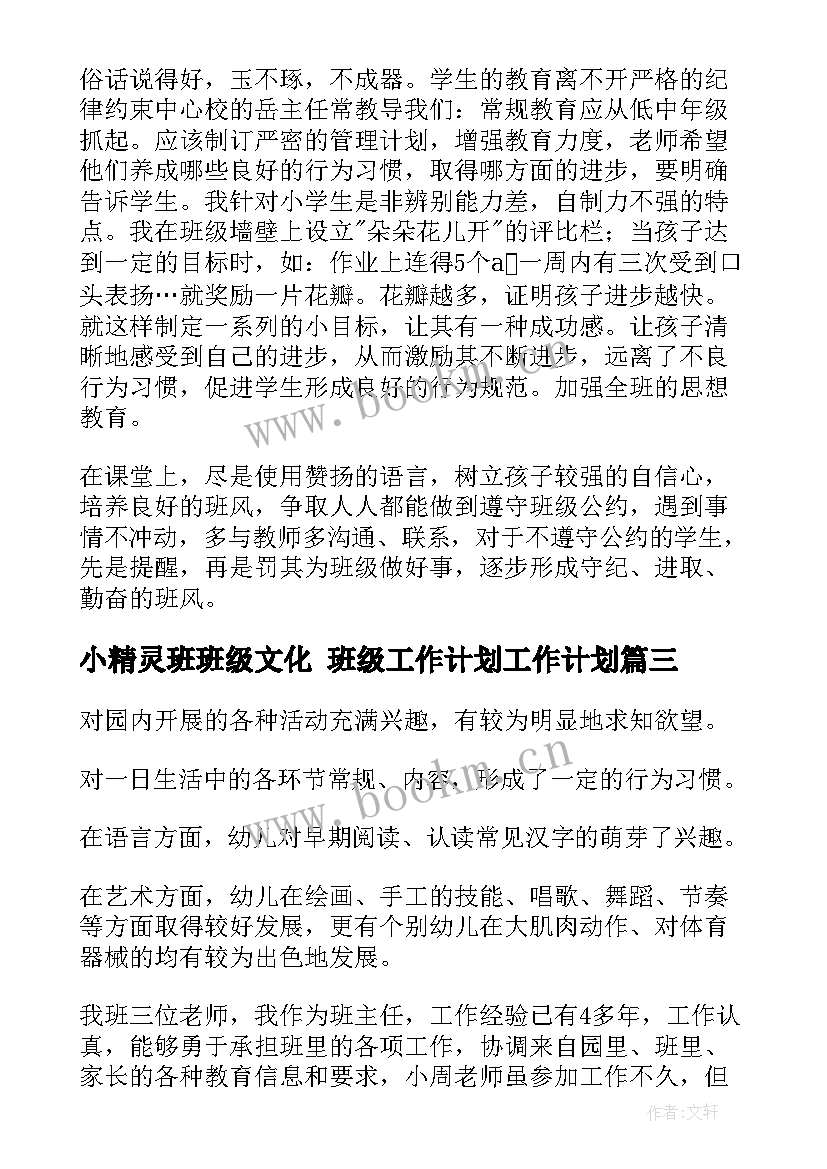 2023年小精灵班班级文化 班级工作计划工作计划(精选8篇)