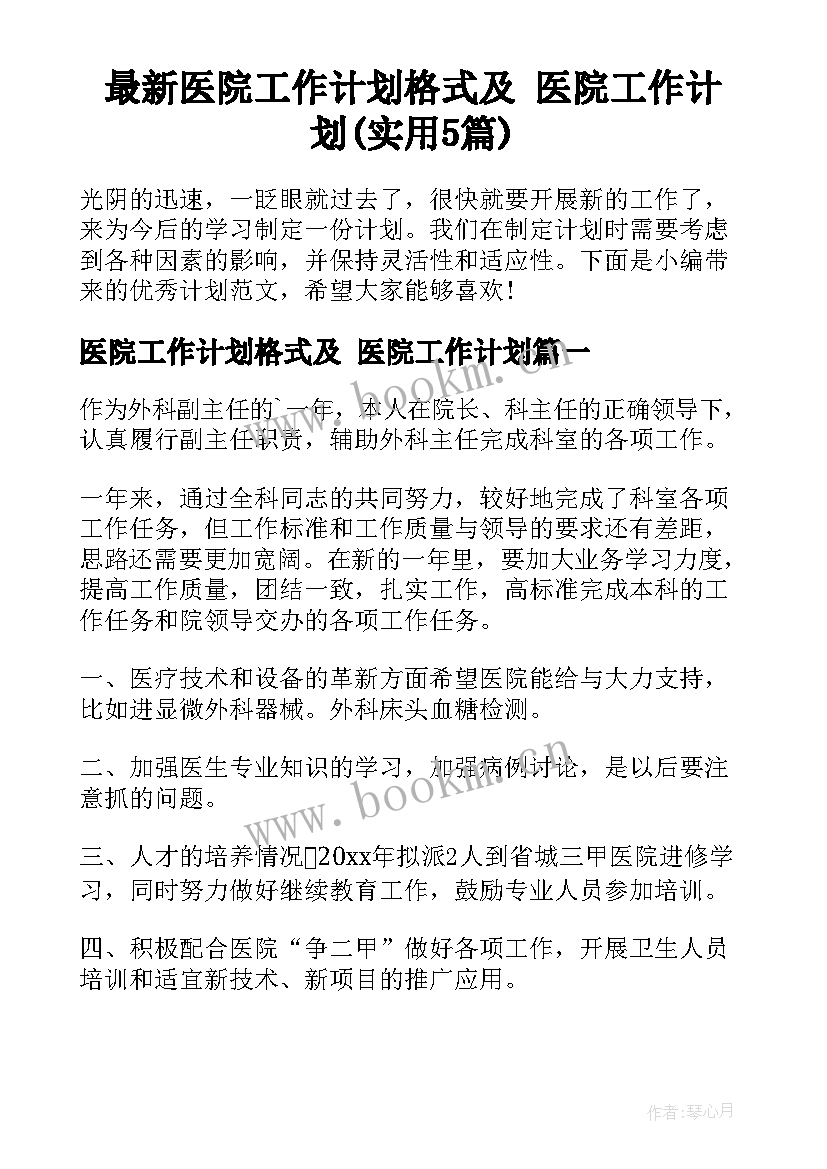 最新医院工作计划格式及 医院工作计划(实用5篇)