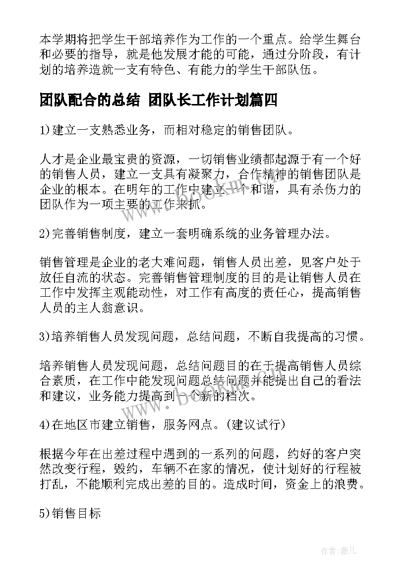 团队配合的总结 团队长工作计划(模板6篇)