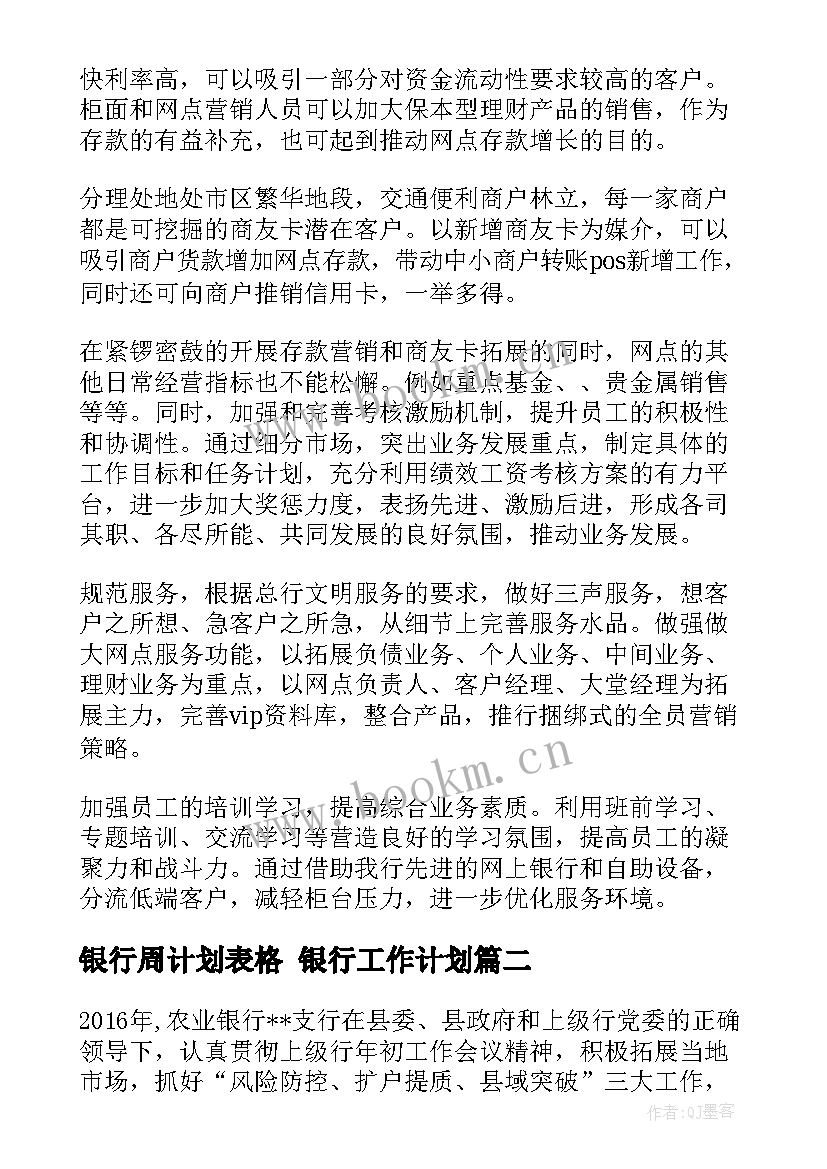 2023年银行周计划表格 银行工作计划(通用8篇)