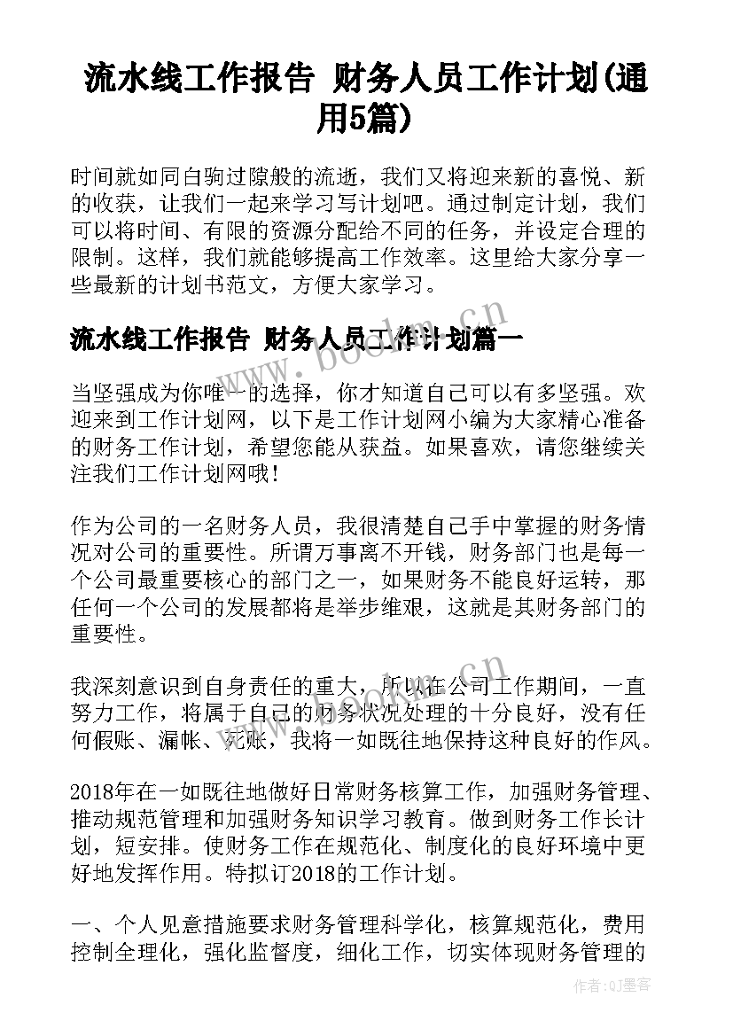 流水线工作报告 财务人员工作计划(通用5篇)